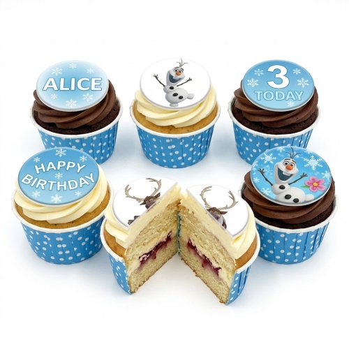 Frozen themed birthday cupcakes with Olaf and Sven toppers, blue polka dot wrappers, custom age and name examples.