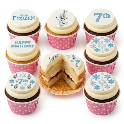 Frozen themed cupcakes with Olaf, Disney Frozen logo, snowflakes, and custom age topper