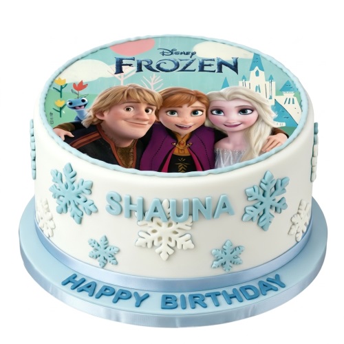 Round white Disney Frozen birthday cake with Elsa, Anna, Kristoff edible image and blue snowflake decorations.