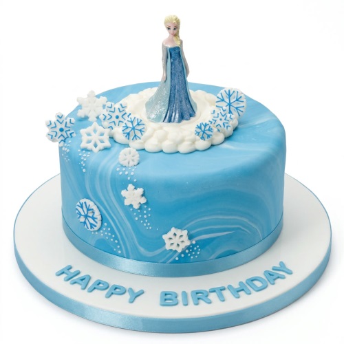 Round blue and white Frozen Elsa theme birthday cake with snowflake decorations and Elsa figurine.