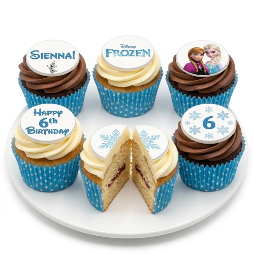 Set of six Disney Frozen themed cupcakes with character toppers, snowflakes, and customisable age and name examples.