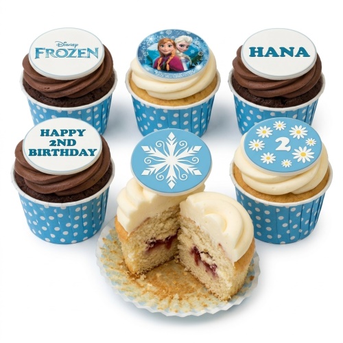 Disney Frozen themed cupcakes with Elsa, Anna, snowflake, and custom age and name toppers.