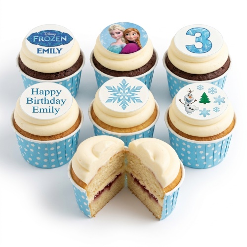 Disney Frozen cupcakes with Elsa, Anna, Olaf, snowflake, and custom age toppers.
