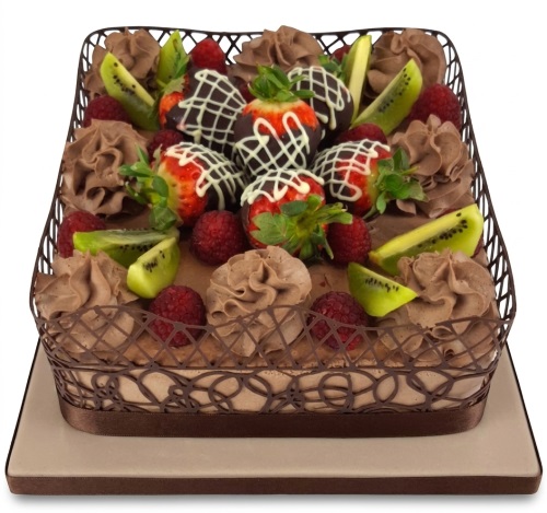 Square chocolate cake decorated with chocolate-dipped strawberries, raspberries, kiwi, and chocolate cream in a basket design.