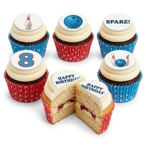 Set of six bowling themed birthday cupcakes with bowling pins, balls, and a custom age topper.