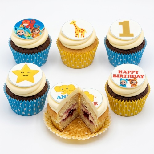 Baby TV themed cupcakes with Billy and Bam Bam, giraffe, elephant, star, and custom age toppers.