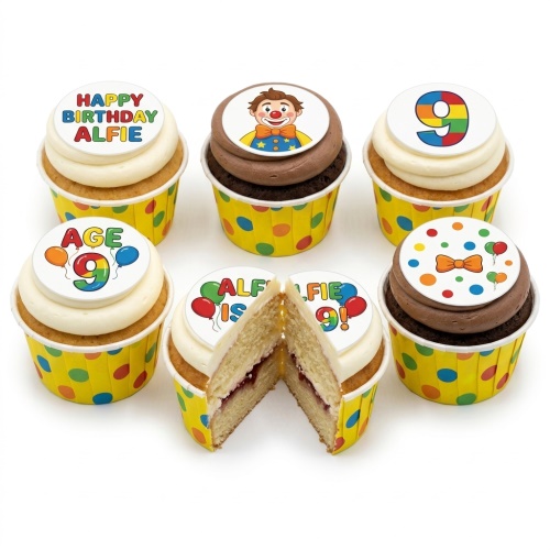 Kids birthday cupcakes with clown, balloon, and custom age toppers in yellow polka dot wrappers.