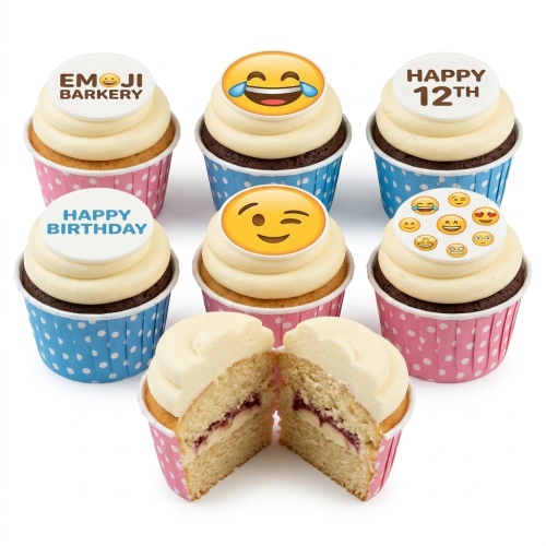 Cupcakes with white frosting, various emoji toppers, 'Happy Birthday' and 'Happy Custom Age' messages, in pink and blue polka dot cases.