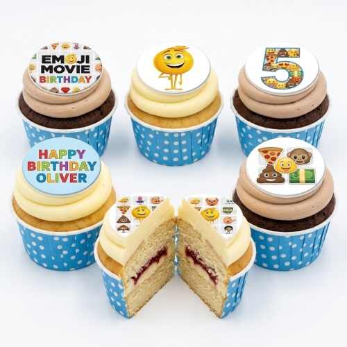 A selection of emoji themed birthday cupcakes with edible toppers, including a custom age and personalised name example.