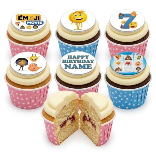 Emoji themed cupcakes with white frosting, pink and blue polka dot cases, and customisable emoji character toppers.