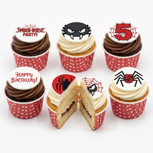 Spider-Man themed cupcakes with spider and web toppers, some with a custom age number.
