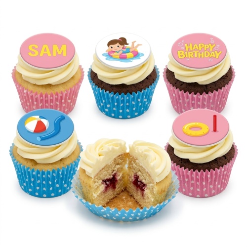 Set of cupcakes with swimming pool theme toppers, including a girl in a ring, beach ball, and custom name/message.