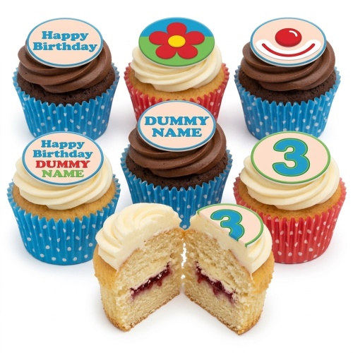 Assorted birthday cupcakes with clown, flower, and custom message toppers in blue and red polka dot wrappers.