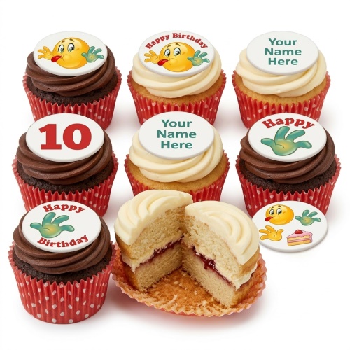 Emoji themed birthday cupcakes with chocolate and vanilla frosting, featuring custom age and name toppers.