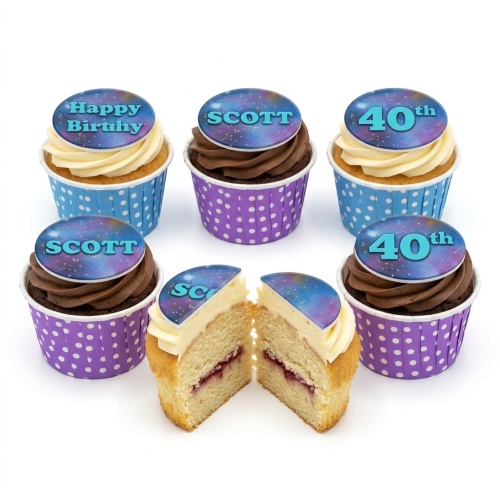 Galaxy themed birthday cupcakes with custom age and name toppers in blue and purple cases.