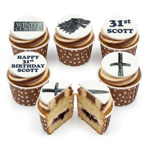 Game of Thrones themed cupcakes with direwolf, "Winter is Coming" text, and sword toppers, with custom age and name examples.