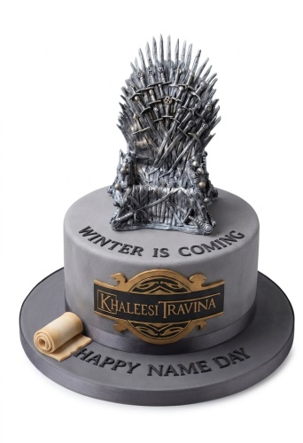 Grey Game of Thrones cake with Iron Throne topper and 'Winter is Coming' message.