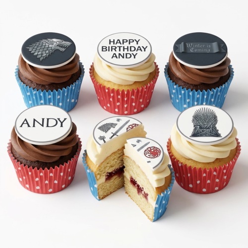 Game of Thrones themed cupcakes with house sigils and Iron Throne toppers.