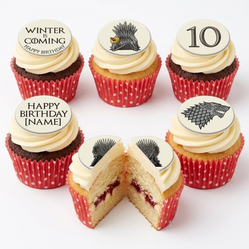 Game of Thrones themed cupcakes with Iron Throne, Direwolf, and 'Winter is Coming' toppers.
