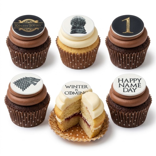 Game of Thrones themed cupcakes with Iron Throne, Stark direwolf, and 'Winter is Coming' toppers.