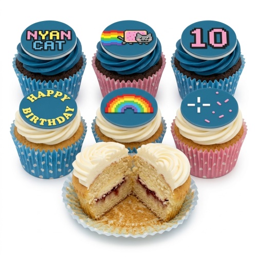 Pixel art birthday cupcakes with Nyan Cat, rainbow, and custom age 10 toppers on chocolate and vanilla cupcakes.