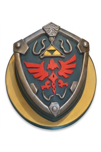 The Legend of Zelda Hylian Shield shaped birthday cake with red, gold, and grey details.