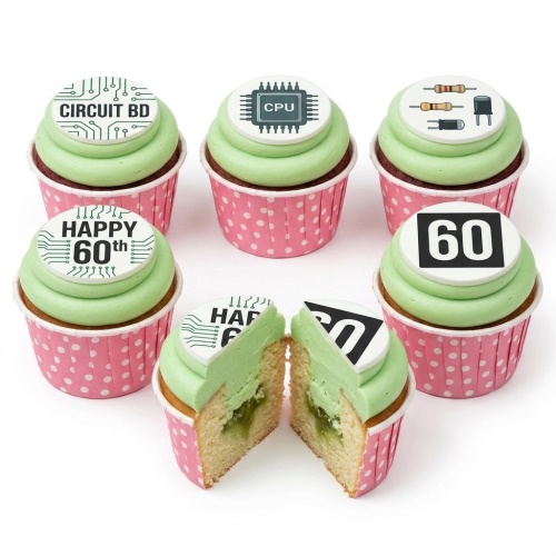 Cupcakes with green frosting, electronics themed toppers, and a custom age topper.