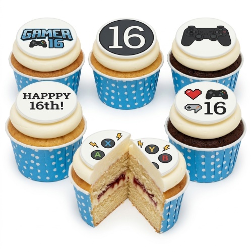 Gaming themed cupcakes with white frosting, blue polka dot wrappers, and various controller and age 16 toppers.