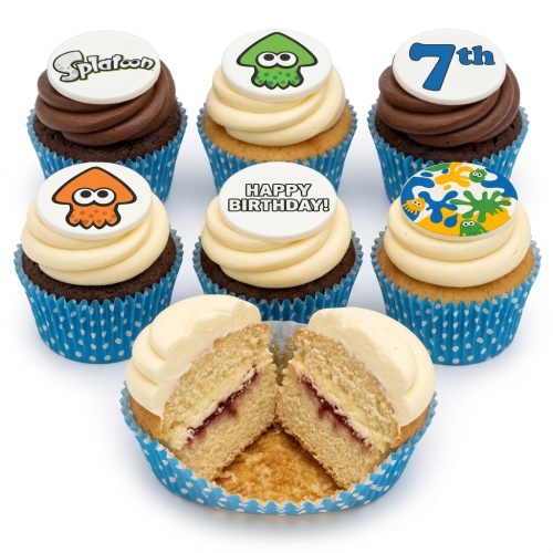 Splatoon themed birthday cupcakes with squid characters, ink splatters, 'Happy Birthday' and custom age toppers.
