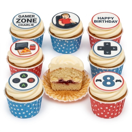 Gaming themed cupcakes with custom age and name toppers, featuring controller and gamer designs.