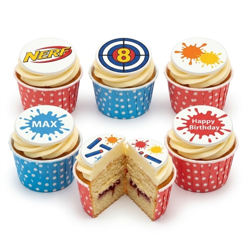 Nerf themed birthday cupcakes with target, splatter, and blaster dart toppers, custom age and name examples.