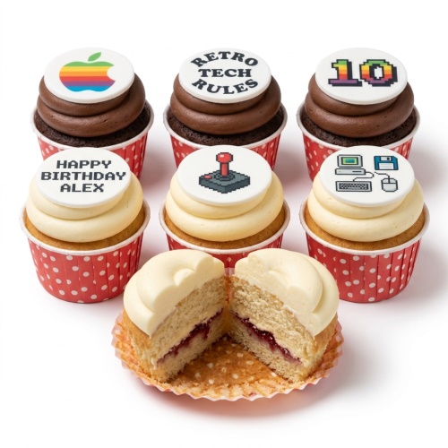 A set of retro tech themed birthday cupcakes with pixel art designs including a joystick, computer, Apple logo, and custom age/name toppers.