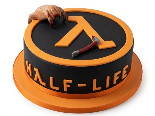Round black and orange Half-Life themed birthday cake with lambda logo, crowbar, and headcrab hand.