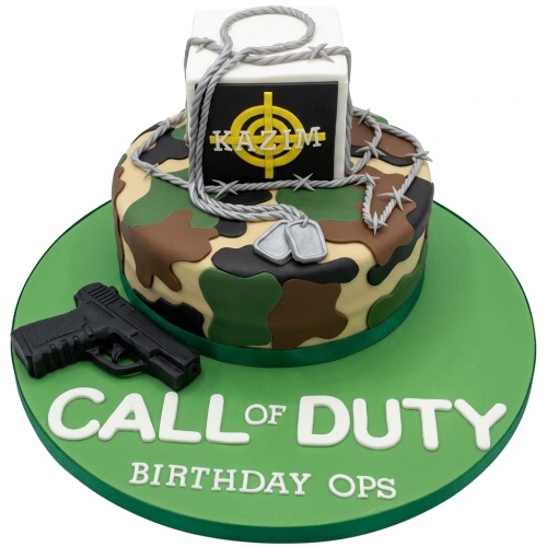 Two-tier Call of Duty themed birthday cake with camouflage, gun, dog tags, and target symbol.