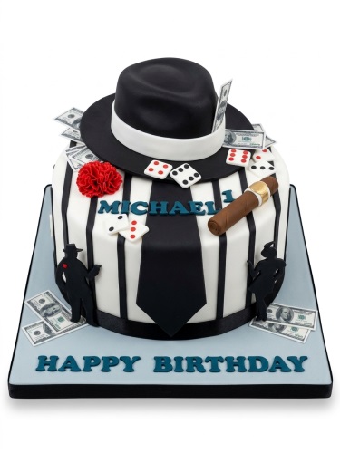 Black and white gangster theme birthday cake with fedora, money, dominoes, cigar, and custom message.