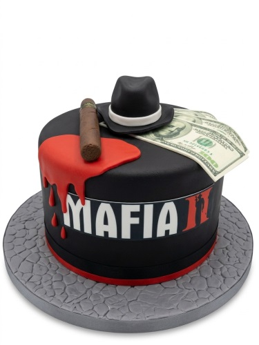 Black Mafia theme birthday cake with fedora, cigar, dollar bills, and red drip.