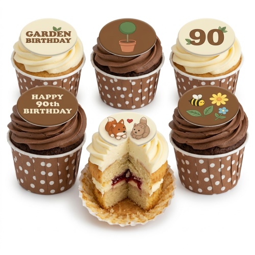 A selection of garden and nature themed birthday cupcakes with edible toppers, including foxes, a bee, flowers, a potted plant, and custom age/message examples.