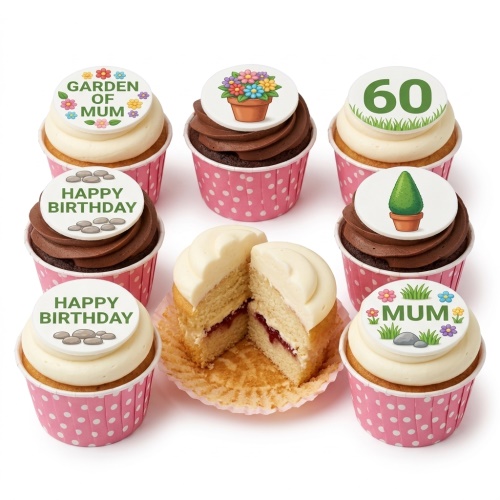Assortment of floral and gardening themed birthday cupcakes with custom age and message toppers.