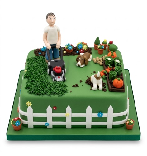 Square green cake with a fondant gardener, lawnmower, two dogs, vegetable patch, and picket fence.