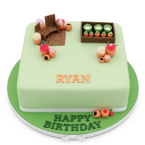 Square light green gardening theme birthday cake with edible bench, flower pots, and vegetable patch decorations.