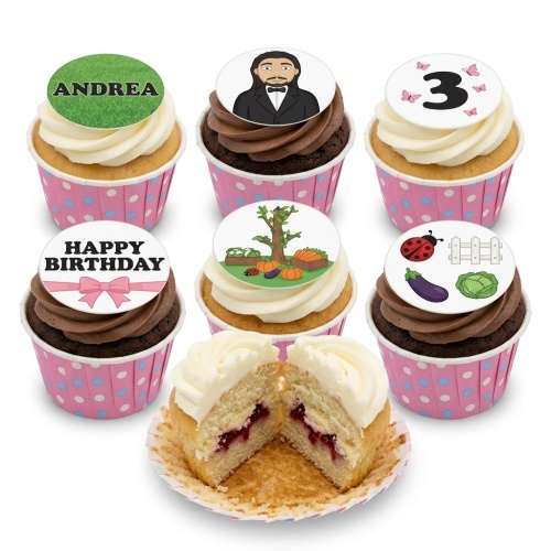 Assortment of personalised birthday cupcakes with custom name, age, and themed toppers.