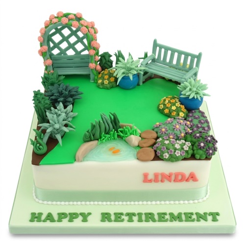 Garden theme retirement cake with benches, arch, pond, and flowers, ready for personalisation.