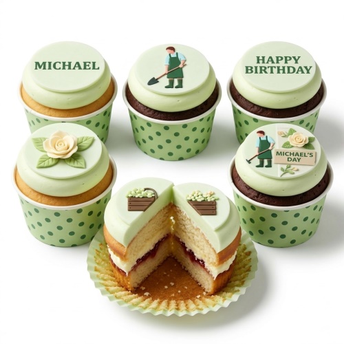 A set of gardening theme birthday cupcakes with a gardener figure, flowers, and crates.