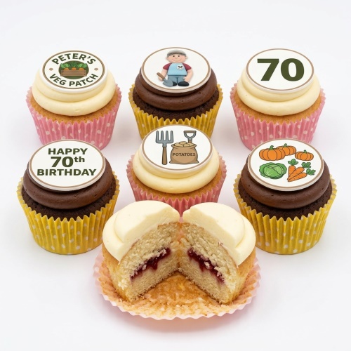 Set of gardening theme cupcakes with edible toppers featuring a gardener, vegetables, and a custom age.