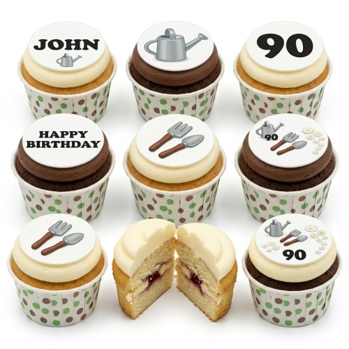 Nine cupcakes with gardening theme toppers, including watering cans, garden tools, and custom age and name examples.