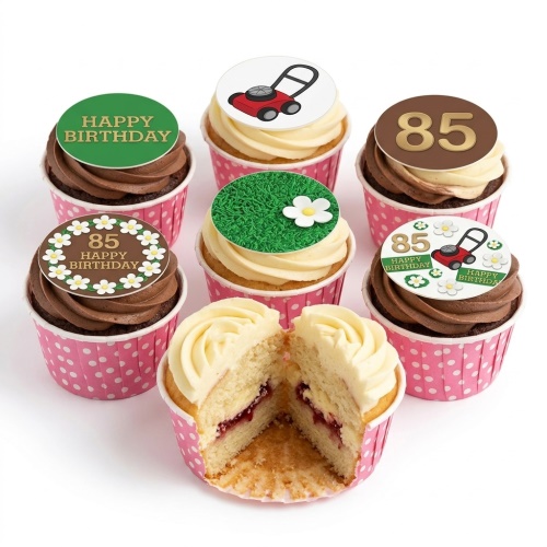 Set of six gardening theme birthday cupcakes with chocolate and vanilla frosting, featuring edible lawnmower, grass, and custom age toppers.