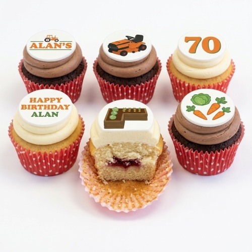 A selection of cupcakes with gardening and tractor themed edible toppers, including a custom age topper and a personalised message.