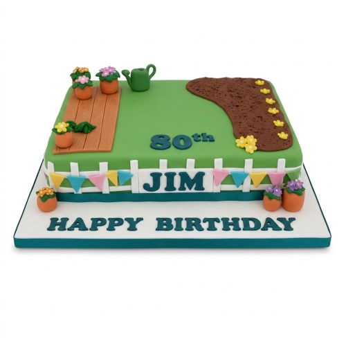 Square green gardening theme birthday cake with flower pots, watering can, fence, and custom age.