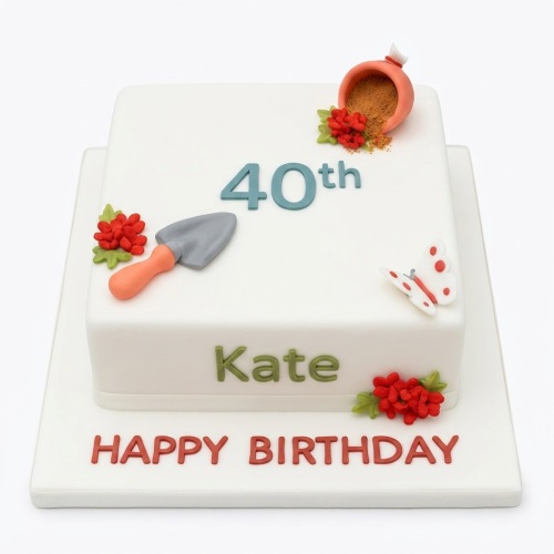 White square birthday cake with gardening theme decorations, custom age, and personalised name.