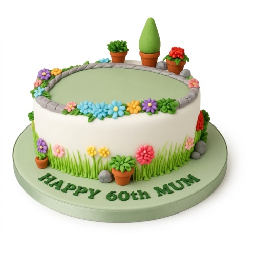 Round white cake with green top, decorated with edible garden scene, colourful flowers, potted plants, and grass.